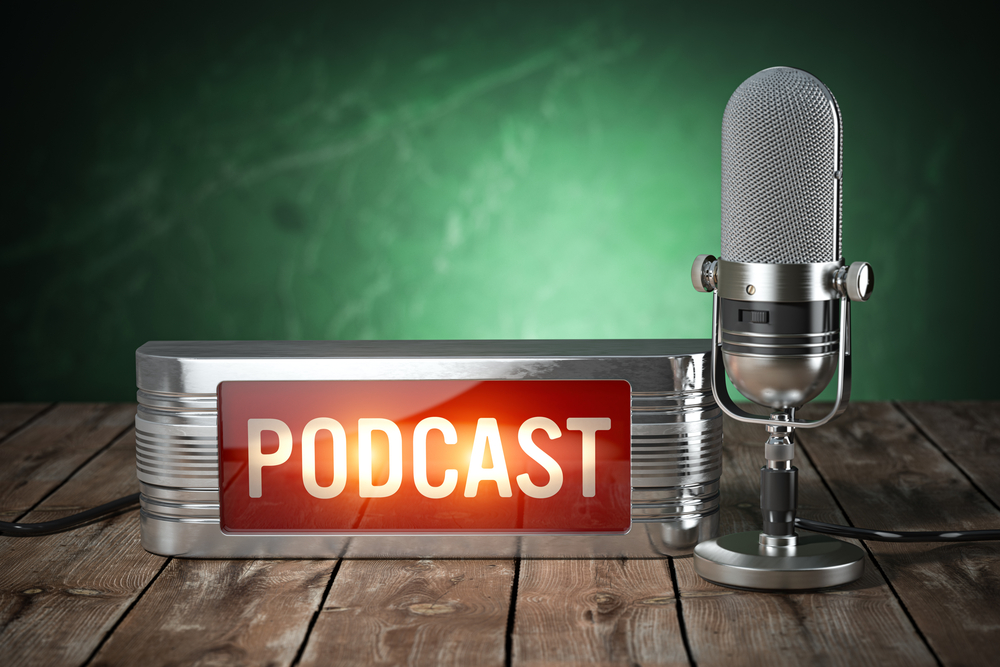 Podcast. Vintage microphone and signboard with text podcast. 3d illustration