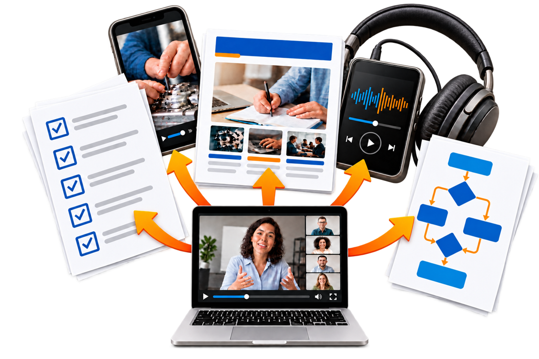 <h1 style="color:#2646BE !important;margin-bottom:4px">Stop Recording. Start Reusing</h1><h2 style="color:#ED7D31 !important;font-style:italic;margin-top:0">Repurpose Your Recordings and eLearning into Short, Practical Resources</h2>